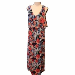 Lily Rose Floral Maxi Dress Lined Ruffle Top Overlay V Neck Sleeveless Size XS